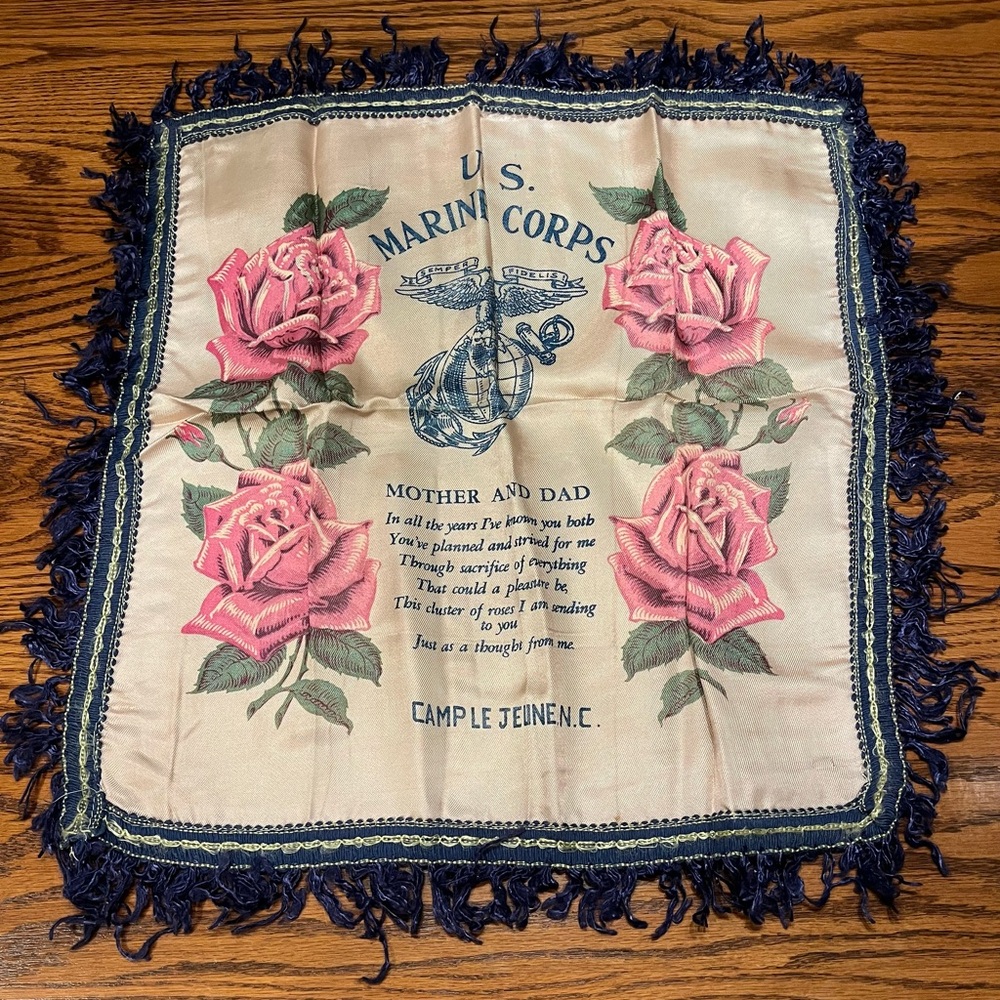 U.S. Marine Corps Mom and Dad Pillow Cover from Camp Le Jeunnette, NC.